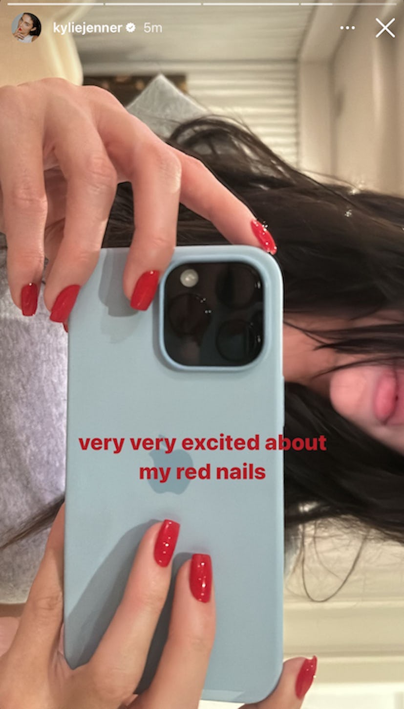 One of fall 2023's most popular nail polish color trends is cherry red. Here, Kylie Jenner's short, ...