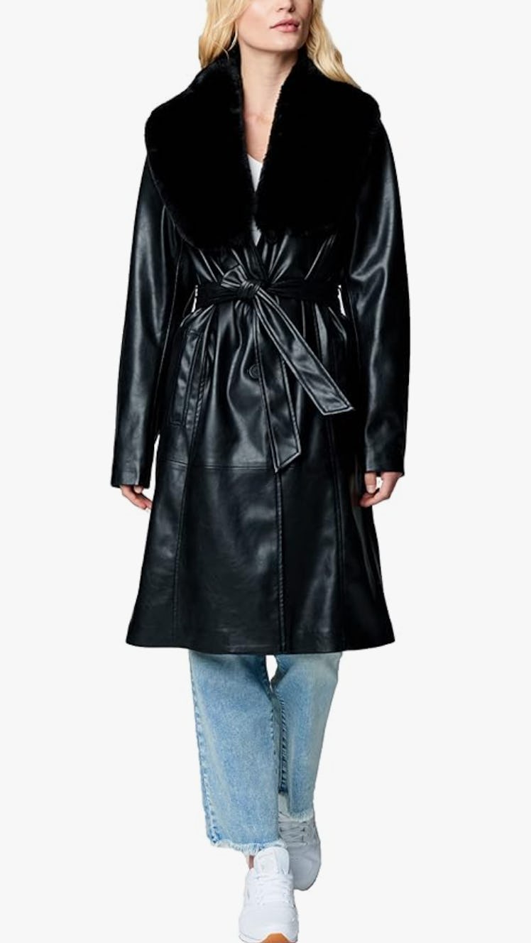 black faux fur trench coat
