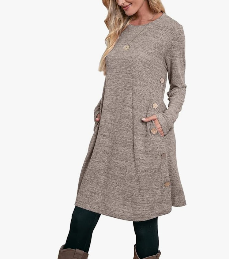OFEEFAN Long Sleeve Dress with Pockets & Buttons