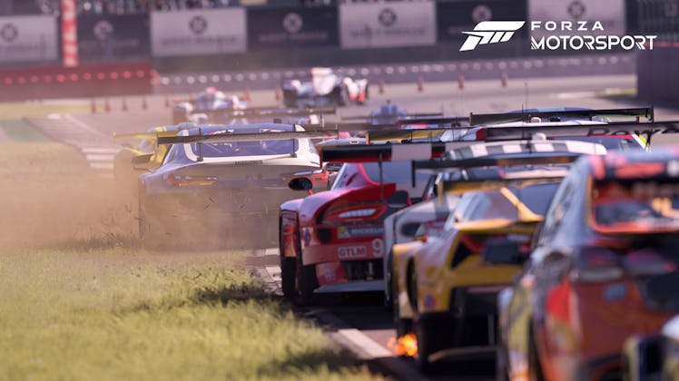Forza Motorsport screenshot shows cars on a track.