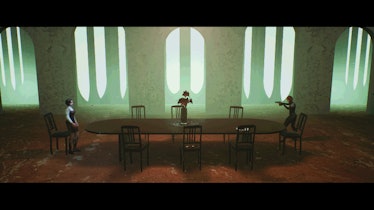 Endless Blue, characters face off across a dining table in liminal space