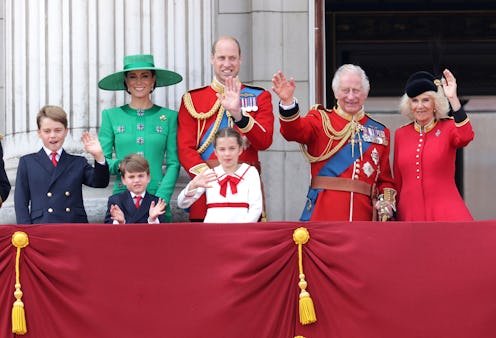 LONDON, ENGLAND - JUNE 17: King Charles III and Queen Camilla wave alongside Prince William, Prince …