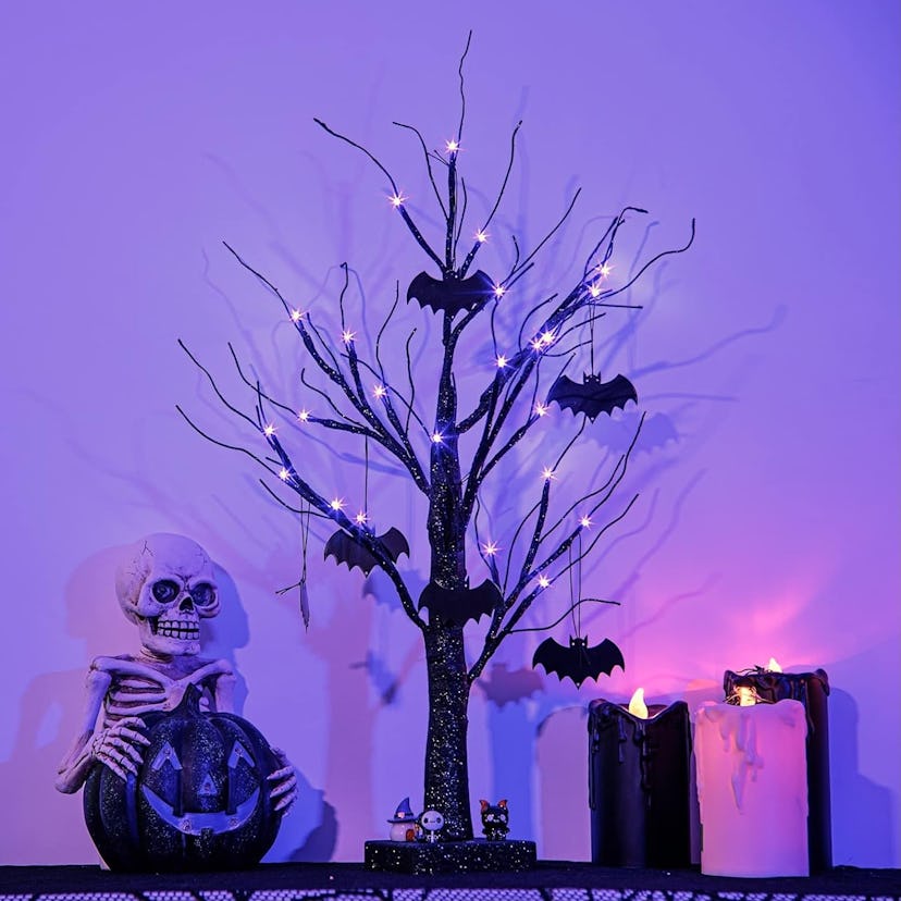 Vanthylit 2FT Black Spooky Tree Glittered with 24LED Purple Lights and Bat Decorations