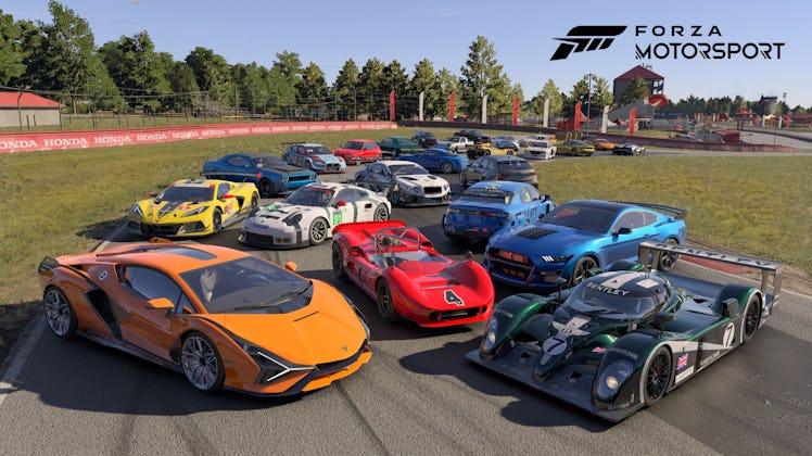 Forza Motorsport race cars in group on the track.