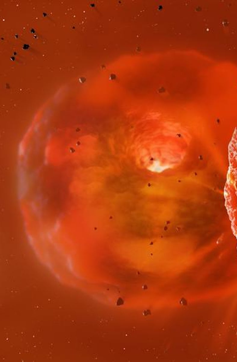 Image shows a visualisation of the huge, glowing planetary body produced by a planetary collision. I...