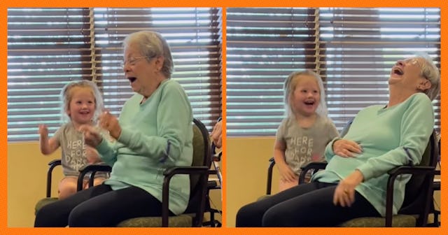 Adorable footage of a toddler and a senior hanging out at an intergenerational care center has gone ...