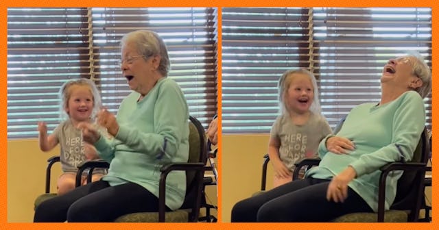 Adorable footage of a toddler and a senior hanging out at an intergenerational care center has gone ...