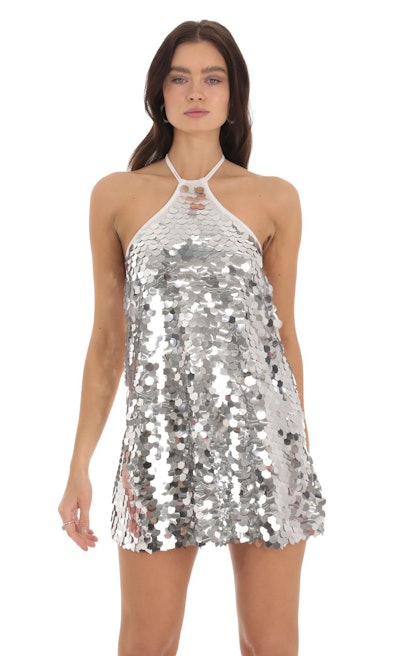 Maya Sequin Halter Dress in Silver