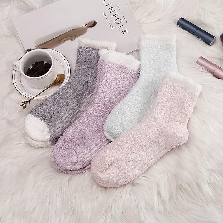 Breslatte Non-Slip Fuzzy Socks with Grips (4-Pack)