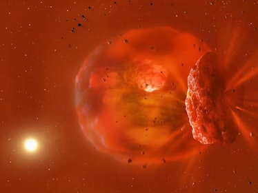 IMAGE SHOWS A VISUALISATION OF THE HUGE, GLOWING PLANETARY BODY PRODUCED BY A PLANETARY COLLISION. I...