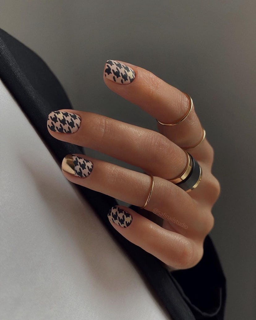 If you need manicure inspo, houndstooth print is a simple nail design for short nails that's trendy ...
