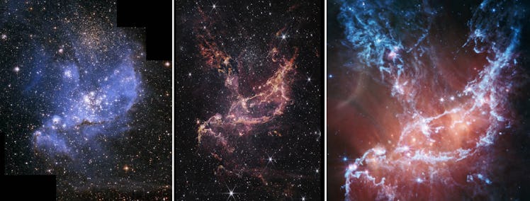 three images of the same cloud of gas, dust, and stars in space, each in different colors and with d...