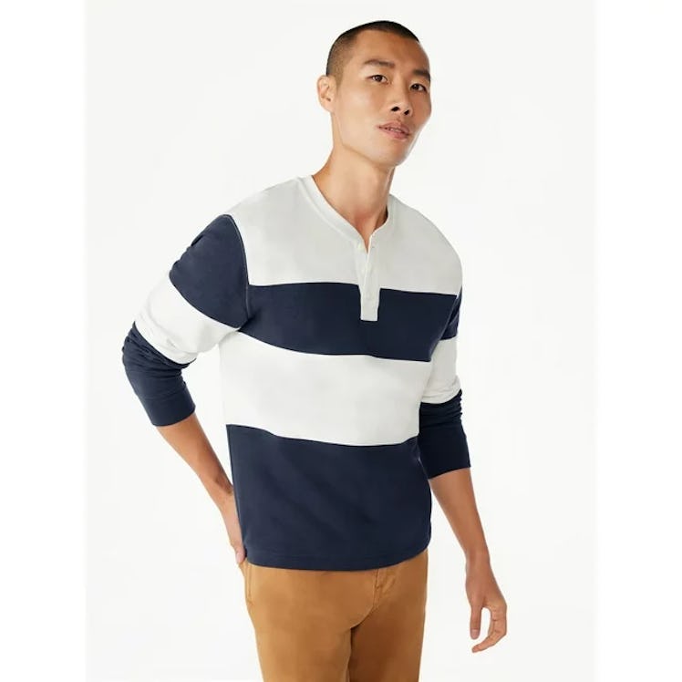 Fleece Colorblocked Henley Shirt with Long Sleeves