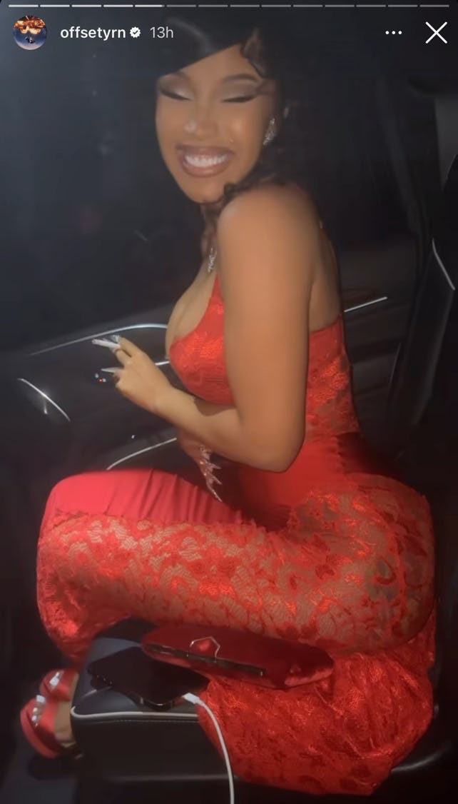 Cardi B celebrated her 31st birthday with a big curly updo and long bedazzled acrylic nails.