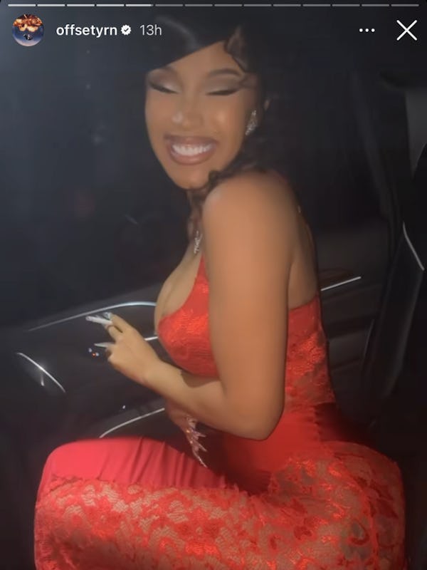 Cardi B celebrated her 31st birthday with a big curly updo and long bedazzled acrylic nails.