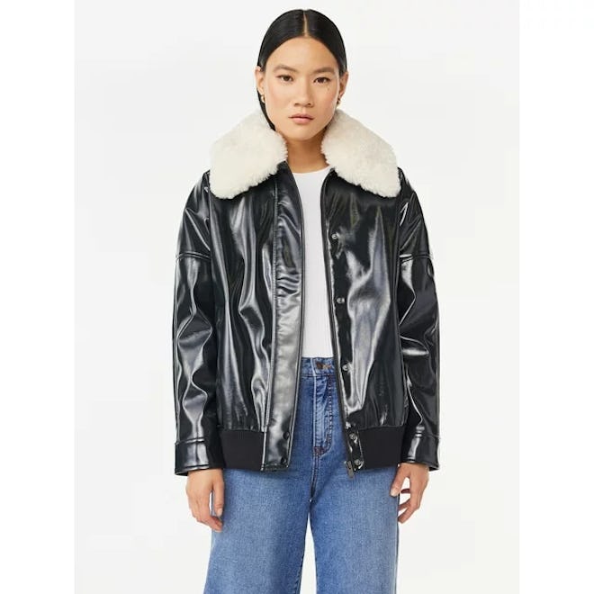 Oversized Faux Leather Jacket with Faux Fur Collar
