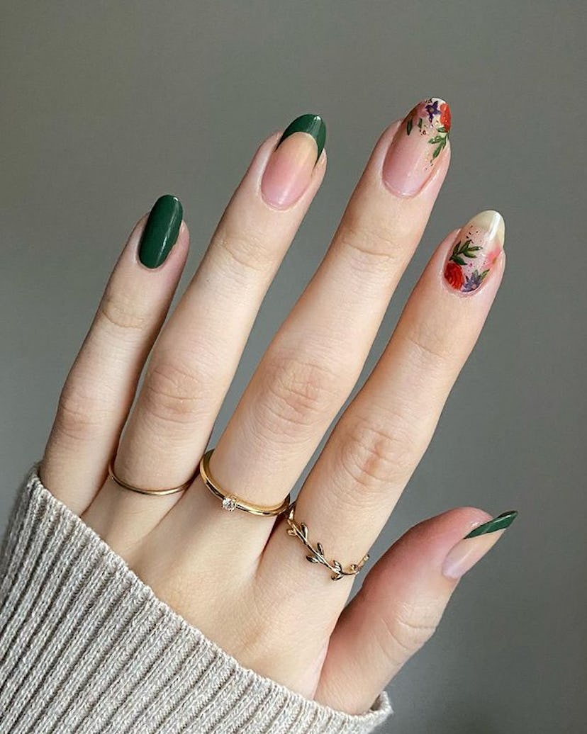 Olive Green Nails with Floral Magic
