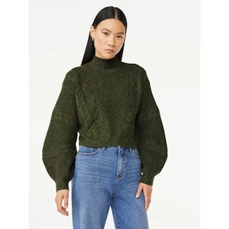 Crop Cable Pullover Sweater with Long Sculpted Sleeves