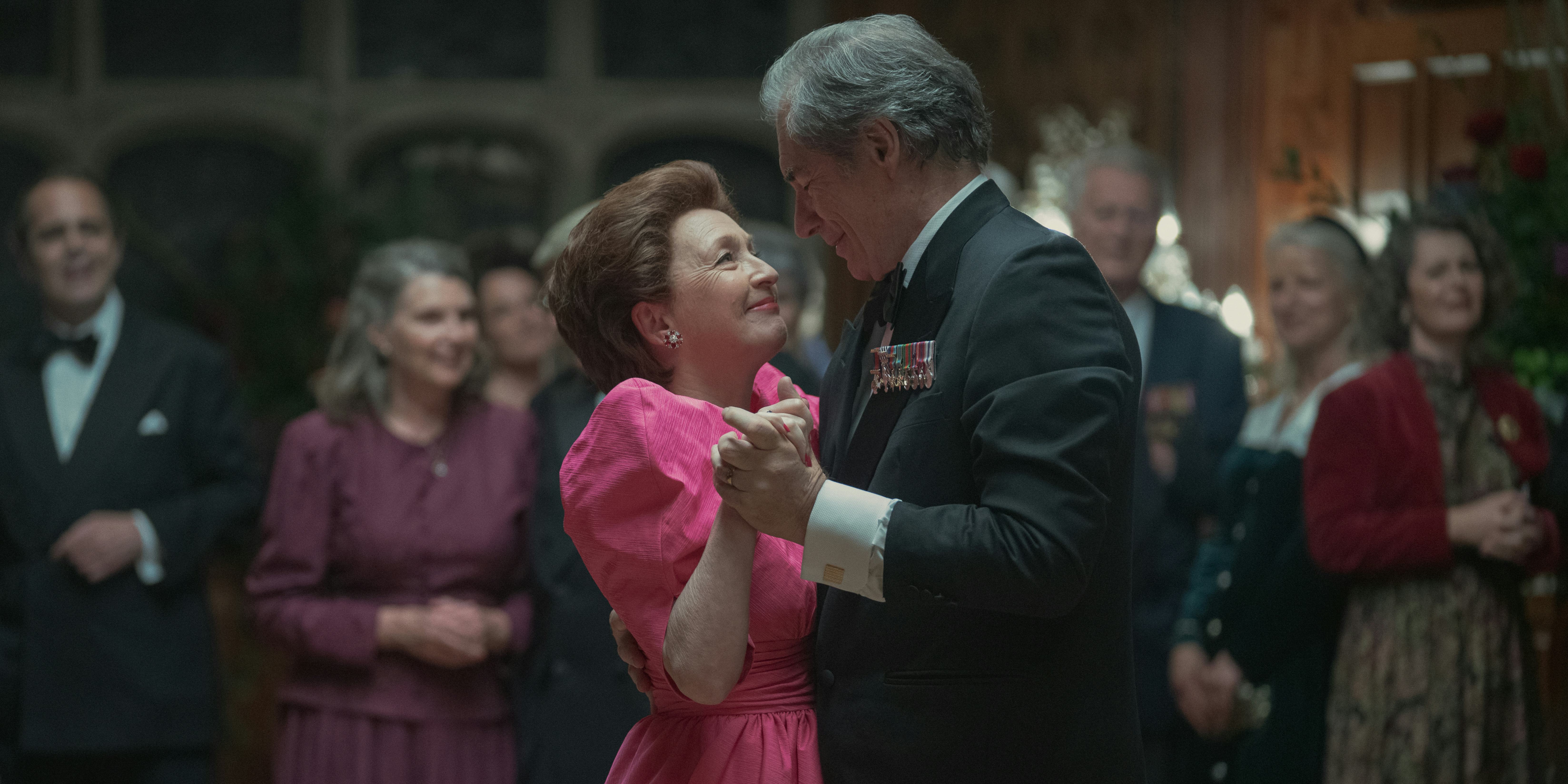 Lesley Manville as Princess Margaret and Timothy Dalton as Peter Townsend in Season 5 of &lsquo;The Crown&rsquo;