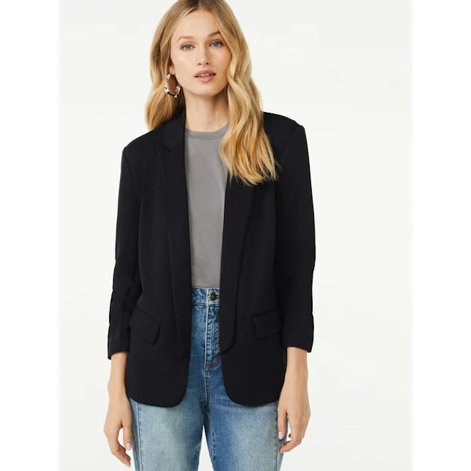 Relaxed Scuba Knit Blazer with Scrunch Sleeves