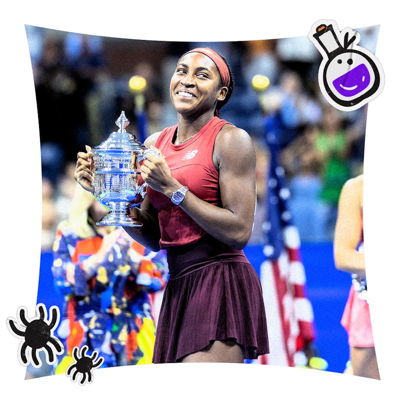 Coco Gauff of the United States celebrates during the awarding ceremony for the women's singles at t...