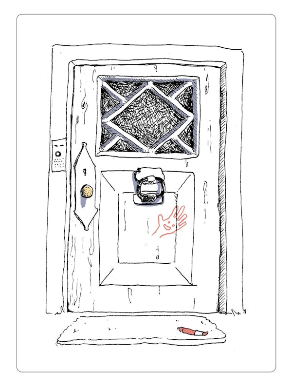 an illustration showing a door and a messy handprint