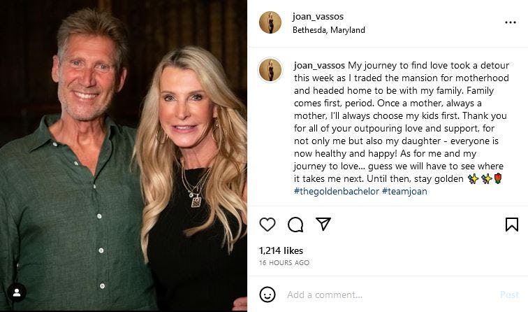 Joan Vassos reflects on her &lsquo;Golden Bachelor&rsquo; exit on Instagram.
