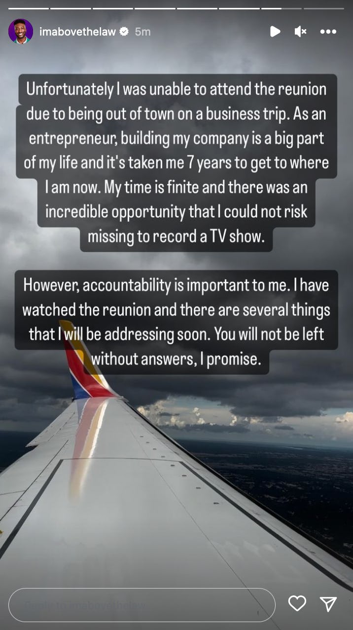 Screenshot of Uche&rsquo;s Instagram story post explaining his &lsquo;Love Is Blind&rsquo; reunion absence. Screenshot&hellip;