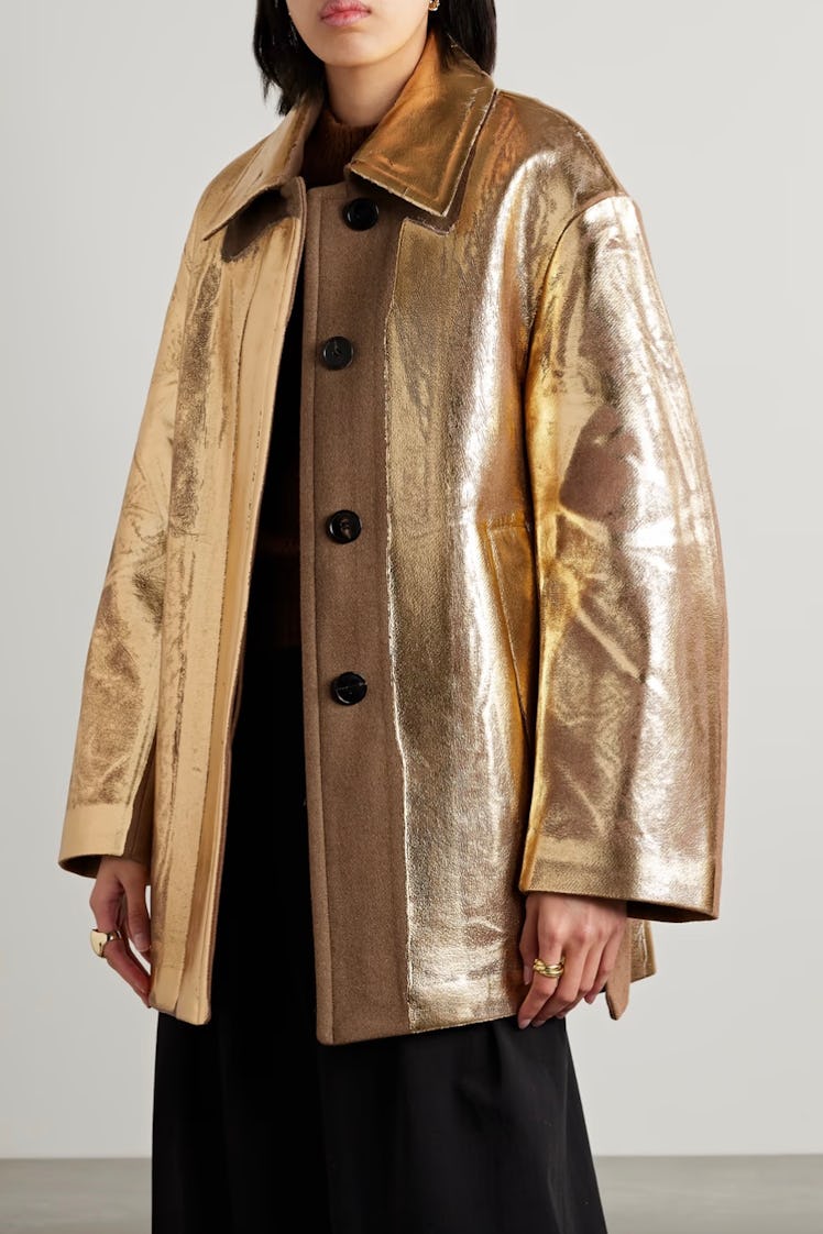 Belted Metallic Coated Wool-Blend Coat