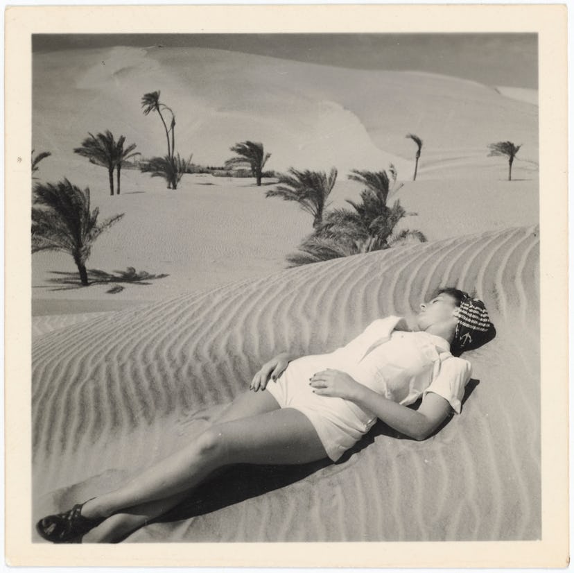 Gaby Aghion in the desert near Alexandria, Egypt, photographed by Raymond Aghion, ca. 1940–45. Court...