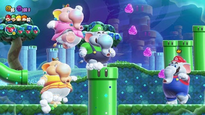 Elephant Mario, Luigi, Daisy, and Peach in Super Mario Bros. Wonder