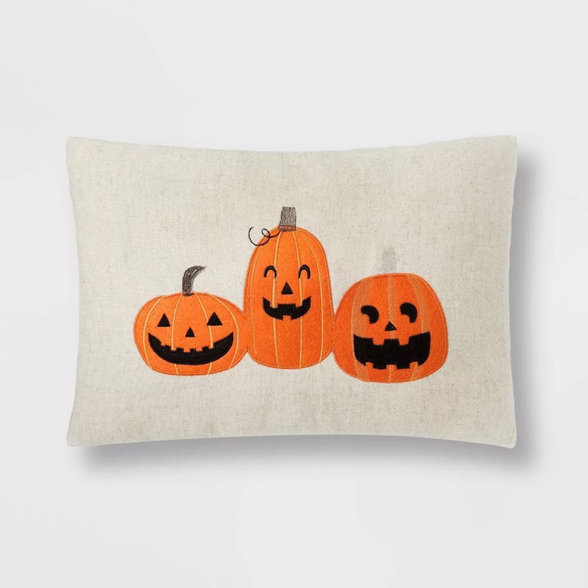 Three Pumpkin Lumbar Halloween Throw Pillow 