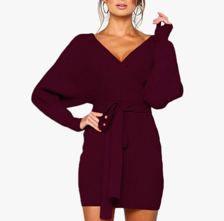 Mansy Mini Backless Wrap Knit Sweater Dress