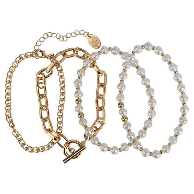 Women's Gold Tone and Faux Pearl Bracelet Set, 4-Piece