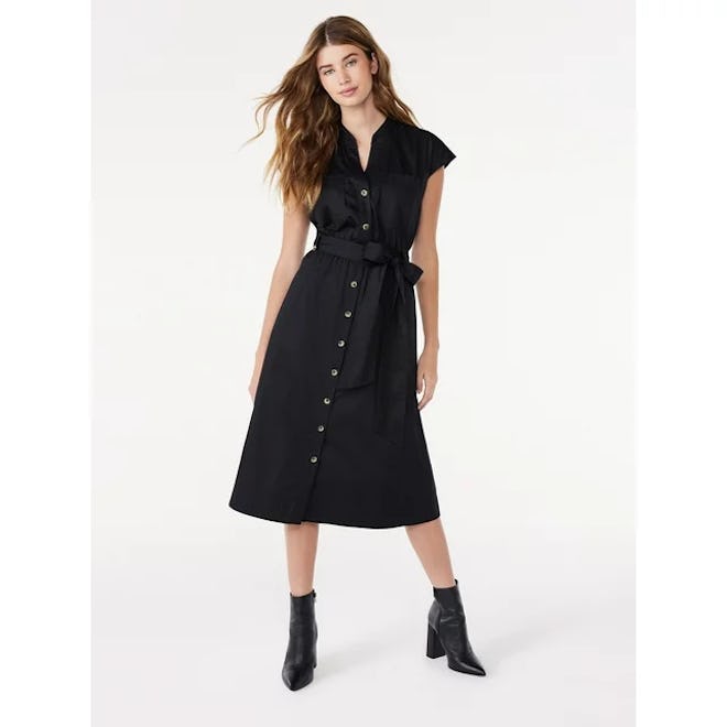  Belted Utility Midi Shirtdress with Short Sleeves