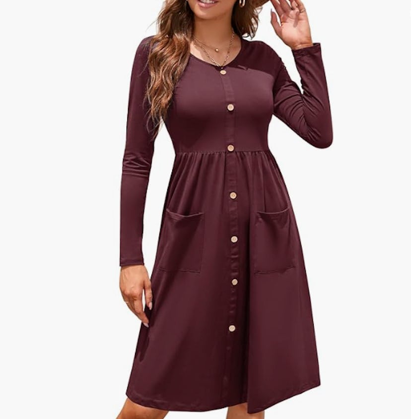 OUGES Button Down Skater Dress with Pockets