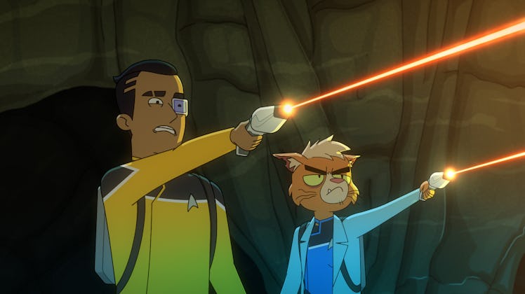 Rutherford and Dr. T'Ana fire phasers in the 'Lower Decks' episode "Caves."