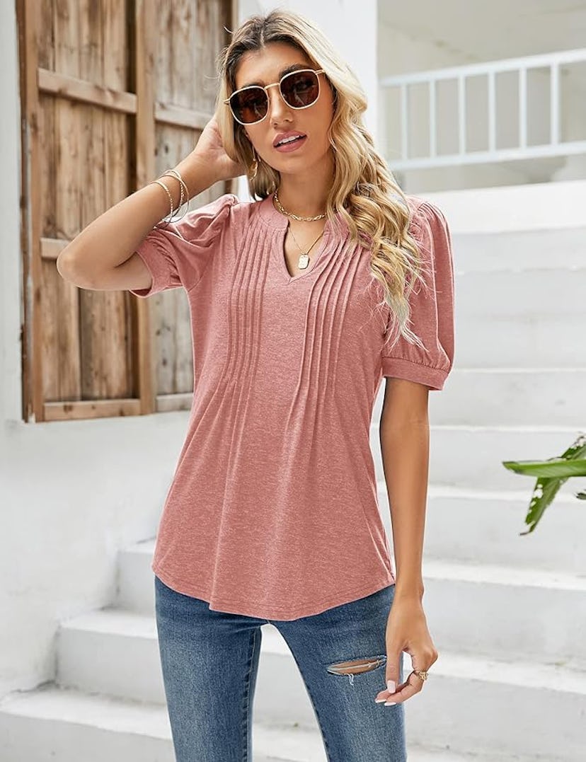 Micoson V Neck Puff Short Sleeve Top