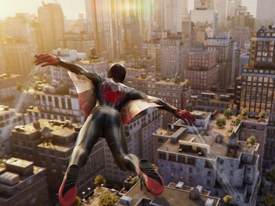 screenshot of Spider-Man 2 using Web Wings to traverse the sky