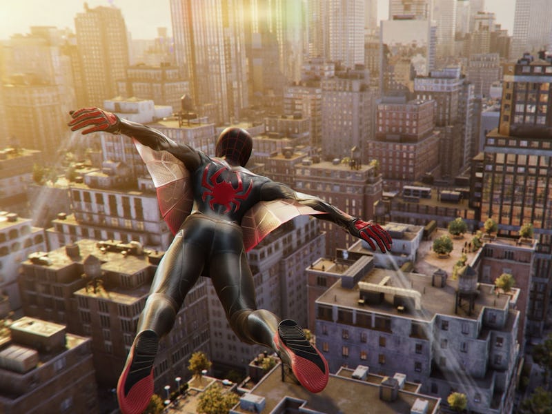 screenshot of Spider-Man 2 using Web Wings to traverse the sky