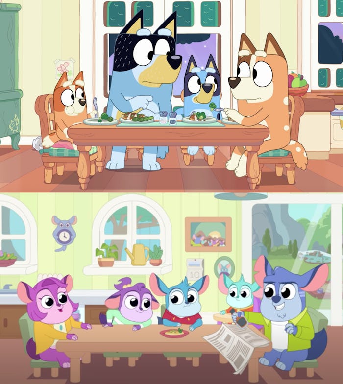 A dinner scene from 'Bluey' above and a very similar looking dinner scene in 'Chip Chilla.''