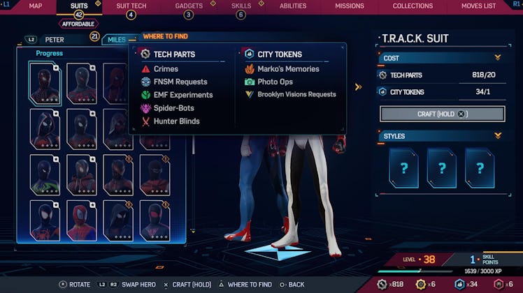 screenshot of where to find tokens and parts