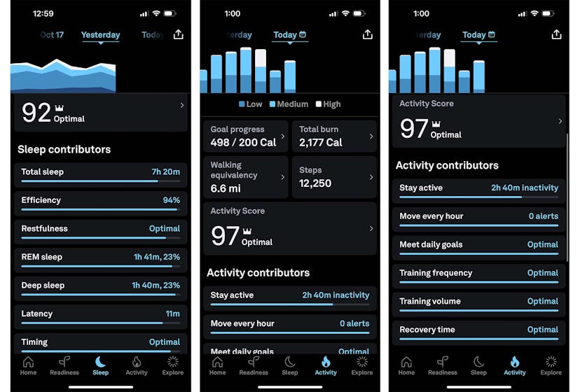 Examples of the data you can see on the Oura app, which syncs to the Oura Ring, a health and sleep t...