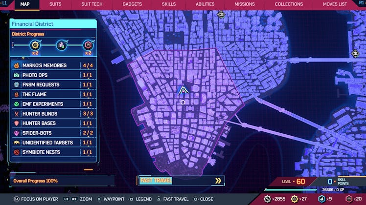 screenshot of map in Spider-Man 2 showing fast travel