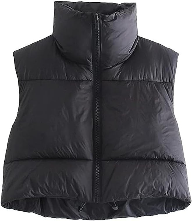 Shiyifa High Neck Zipper Cropped Puffer Vest 
