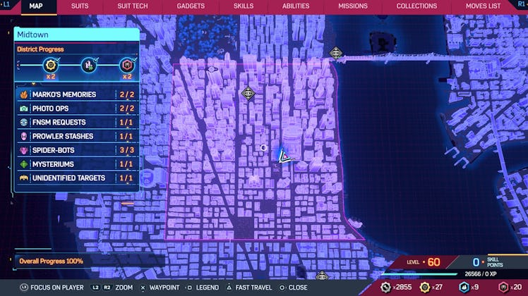 screenshot of Spider-Man 2 map showing District Completion