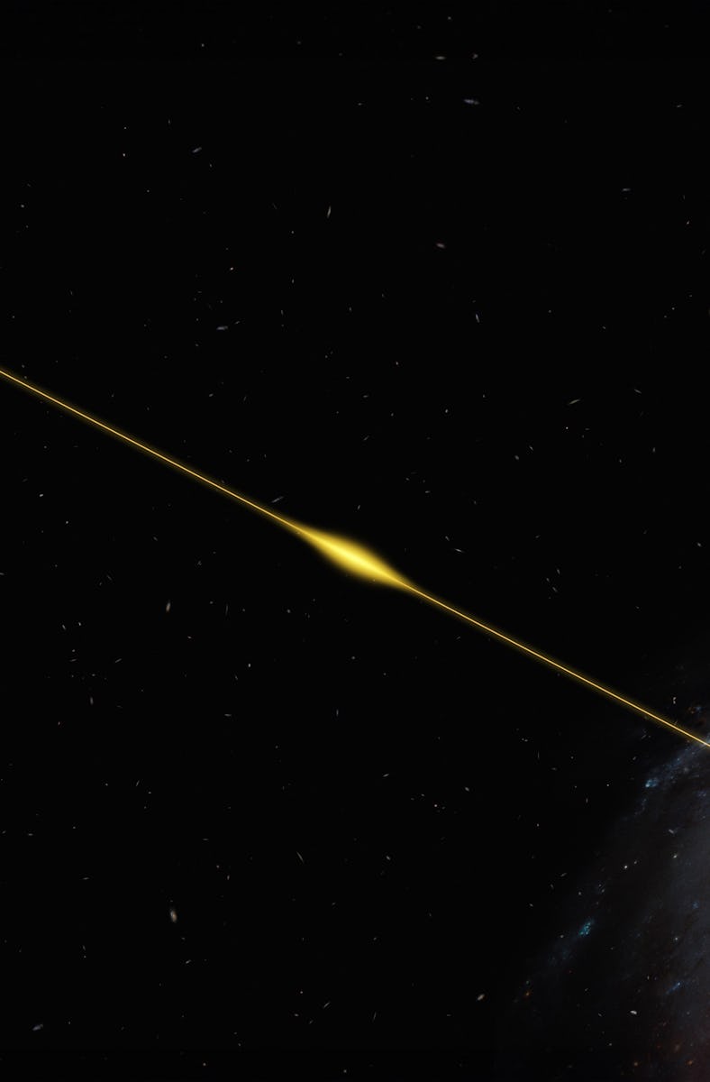 a yellow line representing an FRB travels across space from a trio of small galaxies to the Milky Wa...