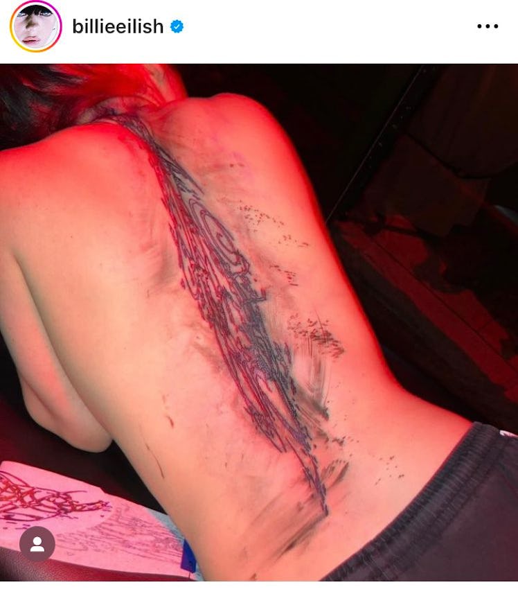 Billie Eilish debuted a giant back tattoo on Instagram.