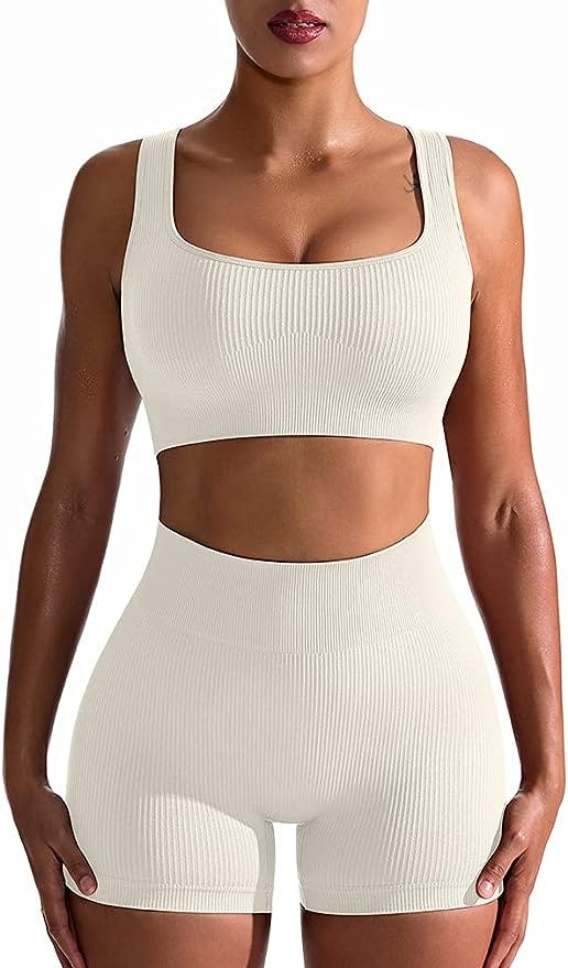 OQQ Ribbed  Biker Shorts And Sports Bra (2-Piece Set)