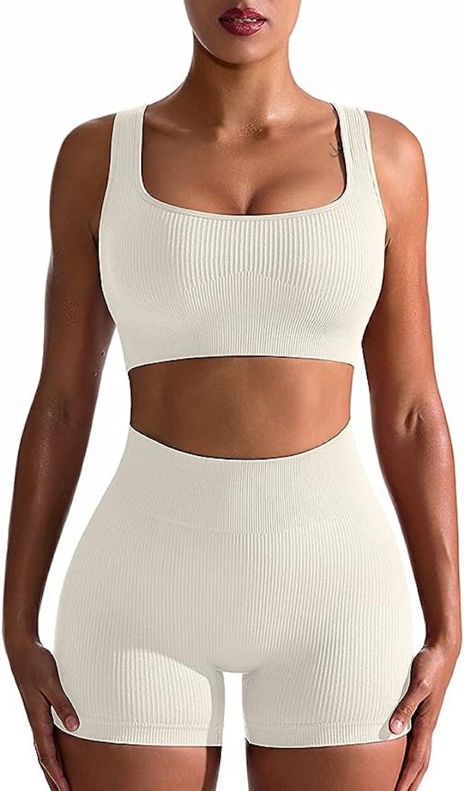 OQQ Ribbed Biker Shorts And Sports Bra (2-Piece Set)